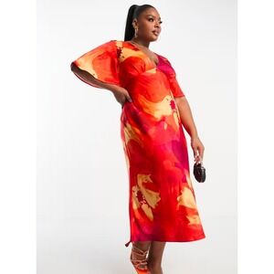 ASOS DESIGN Curve Abstract Floral Print Midi Dress Flutter Sleeve V Neck